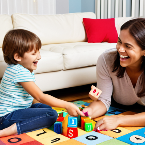 Home 8 **A cozy living room scene. A parent and child are sitting on a colorful rug, surrounded by alphabet blocks and picture books. They are engaged in a fun alphabet game, laughing and pointing at the letters.** (Focus: Pre-Literacy, Letter recognition, Alphabet games)