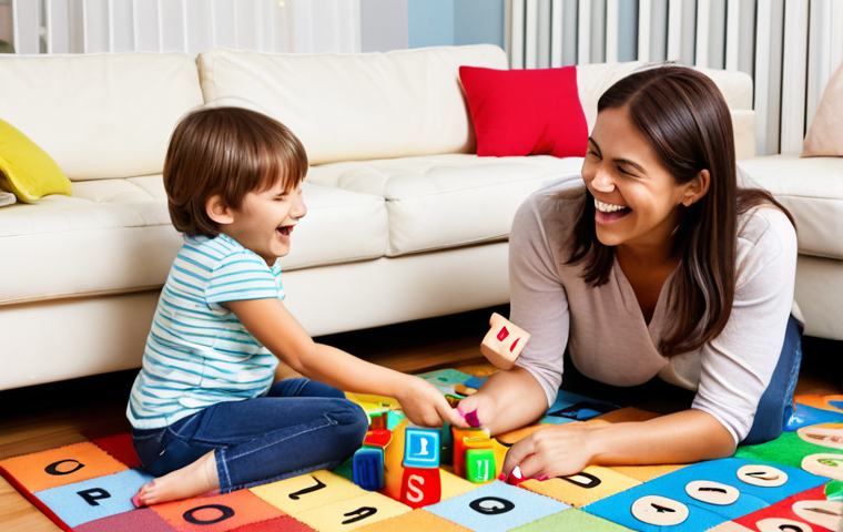 **A cozy living room scene. A parent and child are sitting on a colorful rug, surrounded by alphabet blocks and picture books. They are engaged in a fun alphabet game, laughing and pointing at the letters.** (Focus: Pre-Literacy, Letter recognition, Alphabet games)