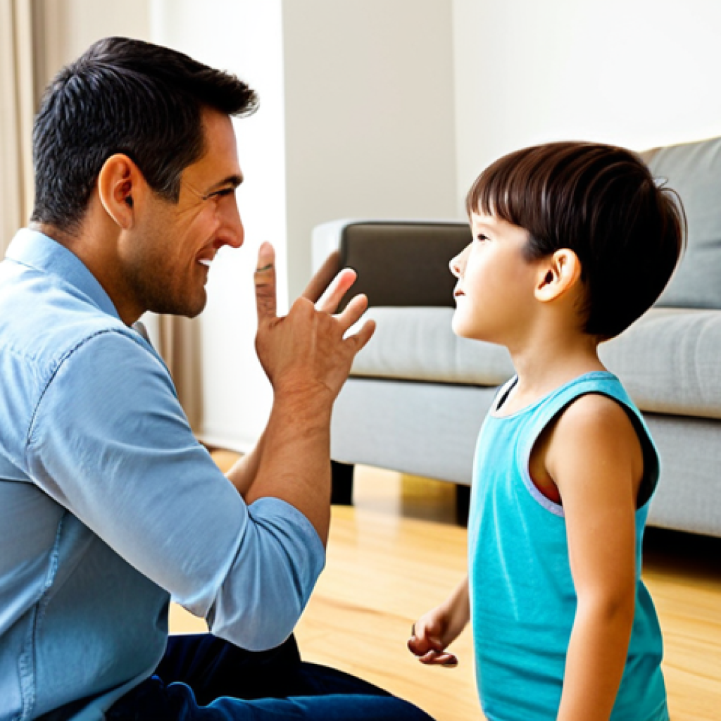 Parent and Child Negotiating**

"A parent kneeling to the eye level of their young child in a brightly lit living room. The parent is gesturing calmly while the child listens attentively, both fully clothed in casual attire. In the background, toys are neatly organized. The scene conveys a sense of calm communication and mutual respect. safe for work, appropriate content, fully clothed, family-friendly, perfect anatomy, correct proportions, natural pose, well-formed hands, proper finger count, natural body proportions, high quality, professional."

**