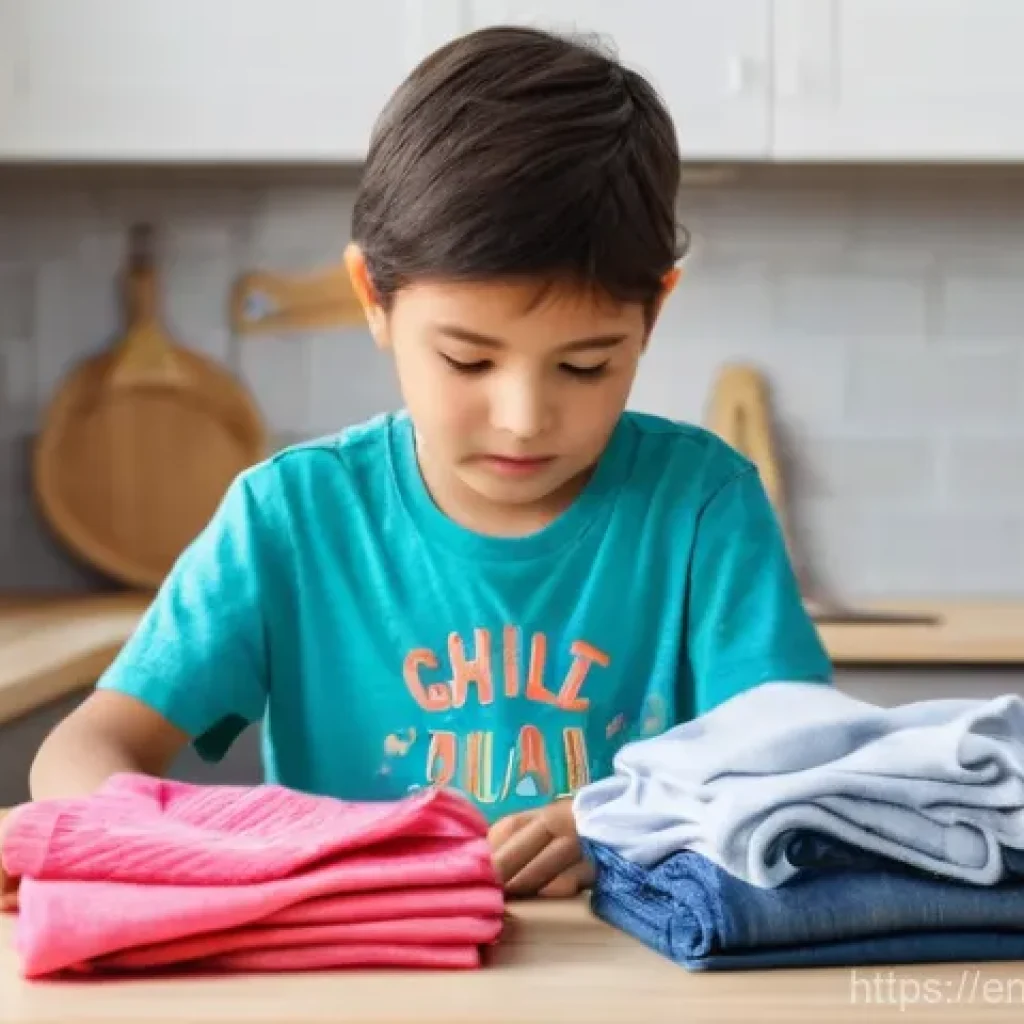 집안일을 통한 책임감 교육 - A bright and clean kitchen, well-lit by natural light. A focused 7-year-old child, wearing a comfort...