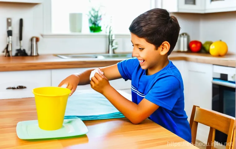 집안일을 통한 책임감 교육 - A bright and clean kitchen, well-lit by natural light. A focused 7-year-old child, wearing a comfort...