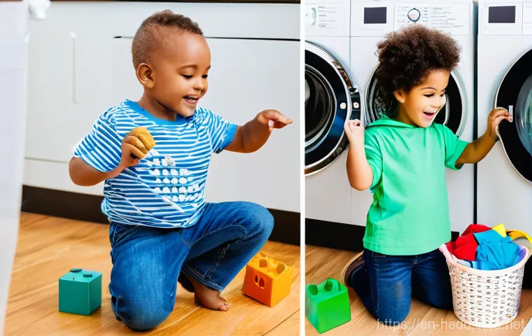 집안일을 통한 책임감 교육 - A warm and inviting kitchen, bustling with activity after a family dinner. A family of four – two pa...