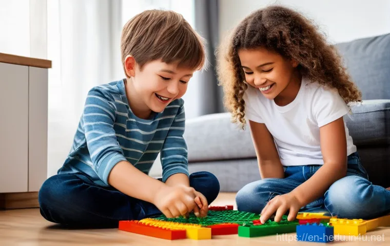 형제 간 갈등 조정법 - **Prompt:** A cozy and brightly lit living room where two siblings, a girl around 7 years old and a ...