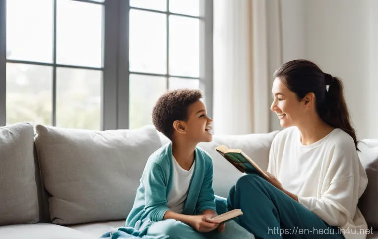 훈육 시 부모의 감정 조절 - **Prompt:** A compassionate parent (gender ambiguous, but leaning feminine) is kneeling down to eye ...