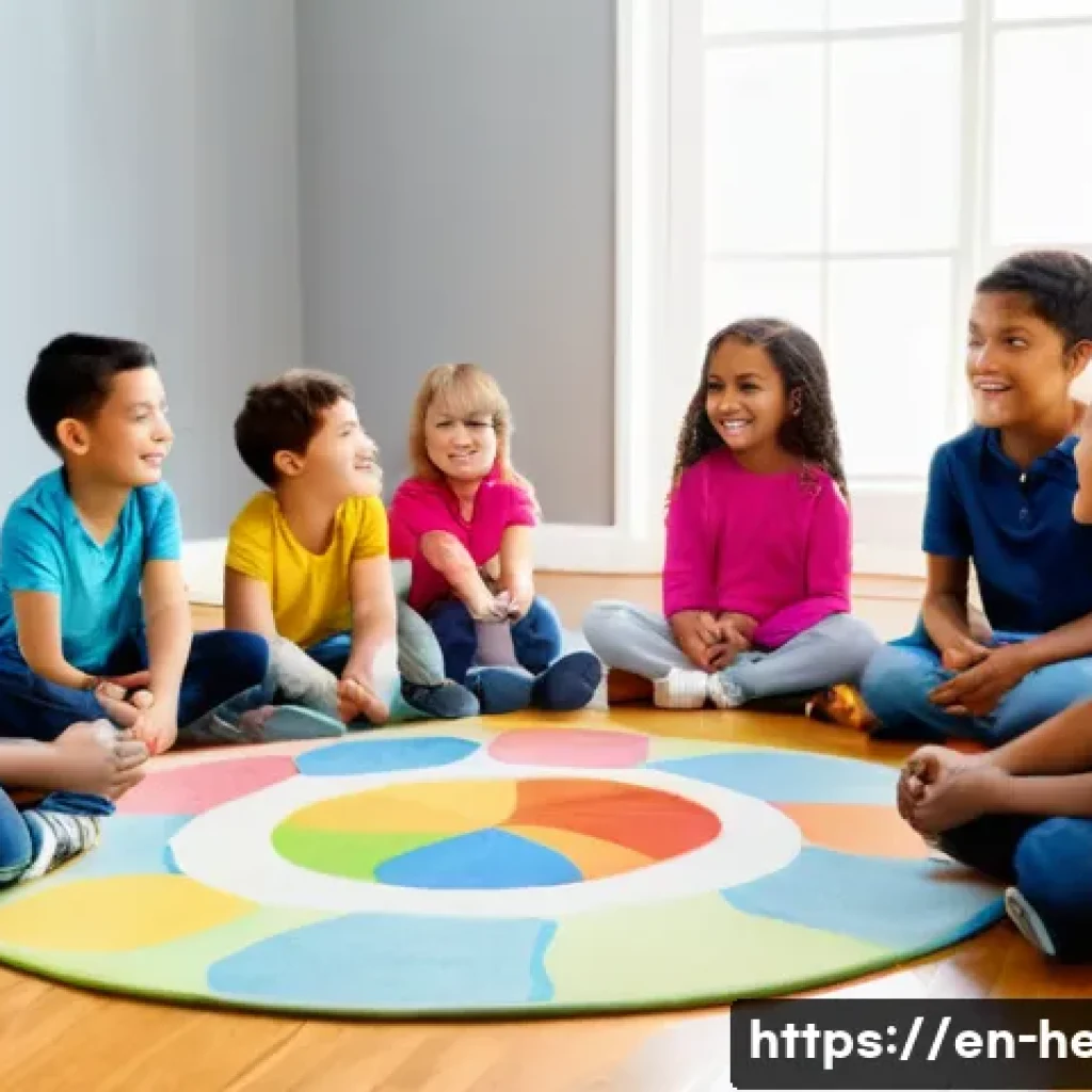 아이의 배려심 길러주기 - A warm, inviting scene of a diverse group of young children sitting in a circle indoors during a pla...
