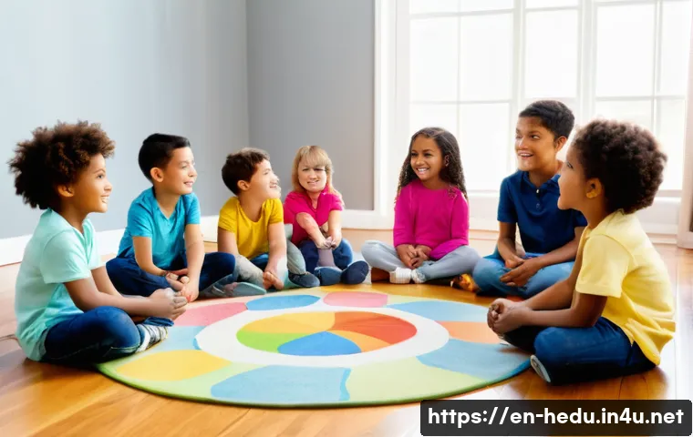 아이의 배려심 길러주기 - A warm, inviting scene of a diverse group of young children sitting in a circle indoors during a pla...