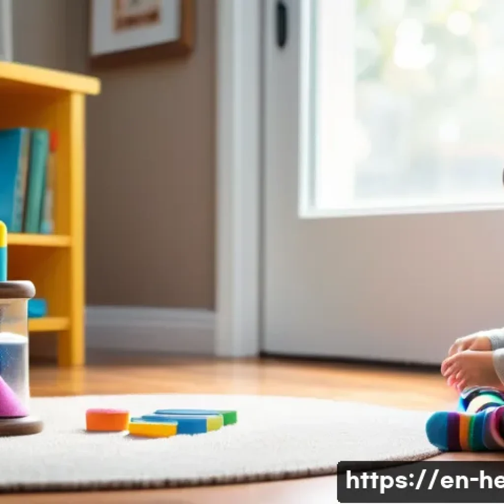 아이의 인내심 기르기 - A cozy family living room scene featuring a young child sitting patiently at a small table, watching...