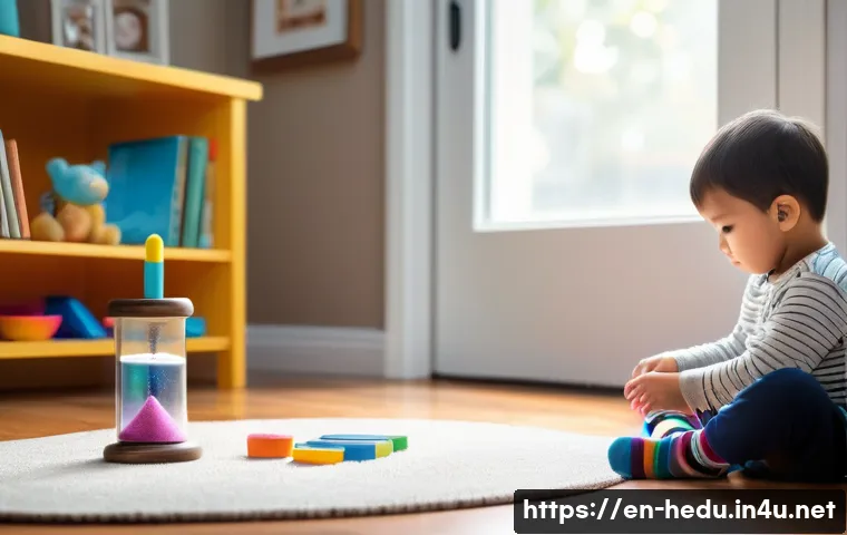 아이의 인내심 기르기 - A cozy family living room scene featuring a young child sitting patiently at a small table, watching...