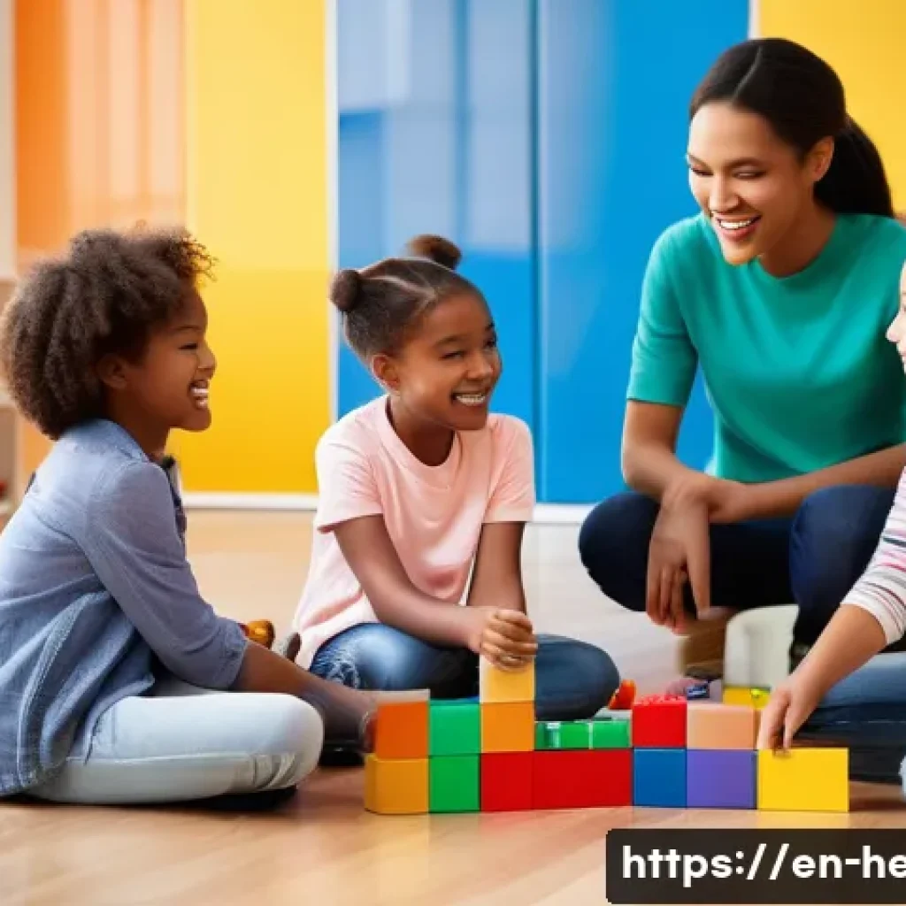 아이의 협동심 키우기 - A diverse group of children aged 6-8 playing cooperatively with colorful building blocks on a bright...