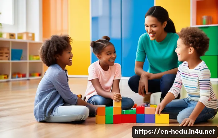 아이의 협동심 키우기 - A diverse group of children aged 6-8 playing cooperatively with colorful building blocks on a bright...