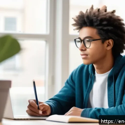 학업 스트레스 관리법 - A bright, organized modern study room with a young adult student sitting at a tidy desk. The desk ha...