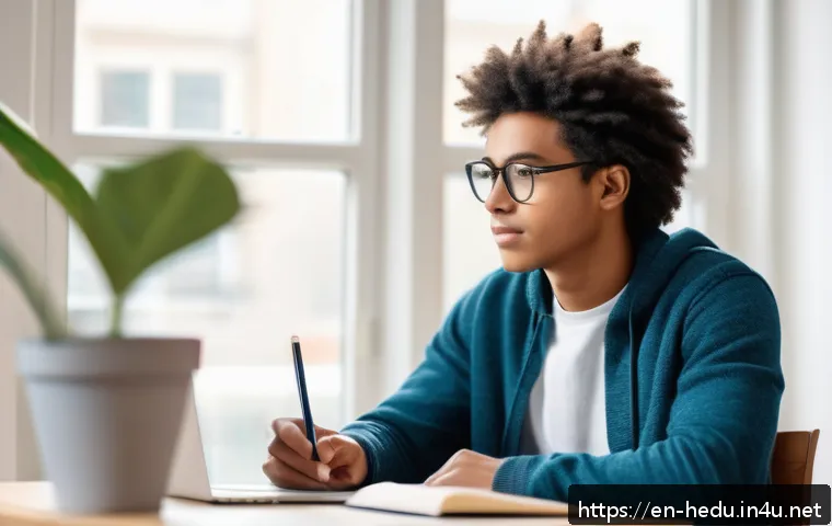 학업 스트레스 관리법 - A bright, organized modern study room with a young adult student sitting at a tidy desk. The desk ha...