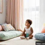 유아기 자기조절력 향상법 - A cozy toddler&rsquo;s calm-down corner inside a bright, softly lit nursery room featuring a small child w...