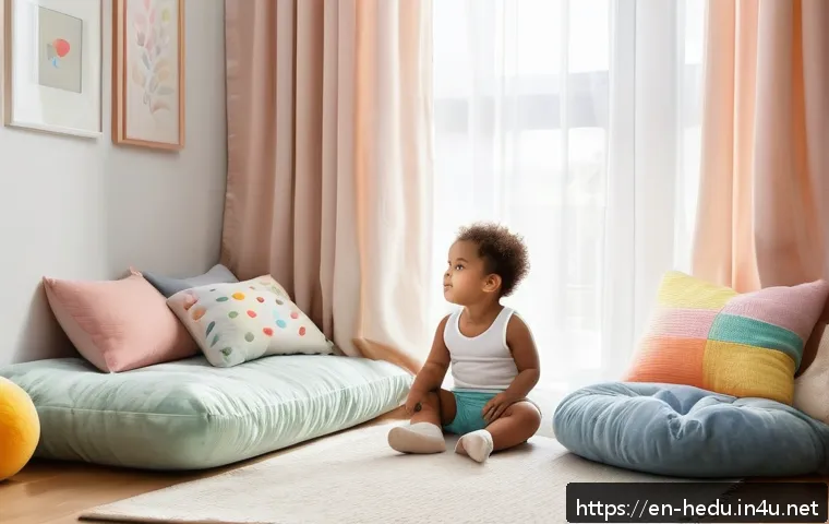 유아기 자기조절력 향상법 - A cozy toddler&rsquo;s calm-down corner inside a bright, softly lit nursery room featuring a small child w...