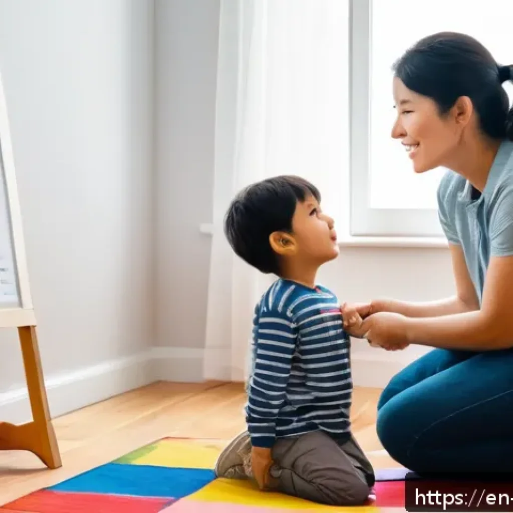 아이의 감정 조절 지도 - A warm, cozy family living room scene showing a parent kneeling beside a young child sitting on a co...