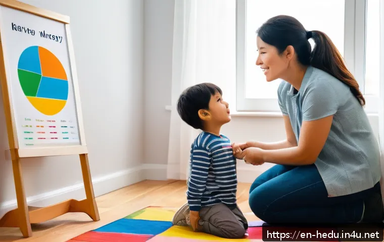 아이의 감정 조절 지도 - A warm, cozy family living room scene showing a parent kneeling beside a young child sitting on a co...