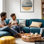 가족 회의 운영법 - A warm and casual family meeting scene set in a cozy living room with a diverse family of parents an...