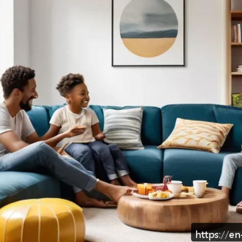 가족 회의 운영법 - A warm and casual family meeting scene set in a cozy living room with a diverse family of parents an...