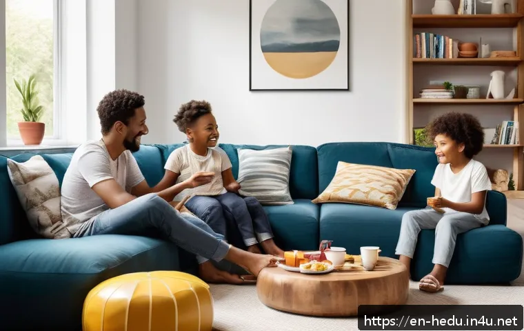 가족 회의 운영법 - A warm and casual family meeting scene set in a cozy living room with a diverse family of parents an...
