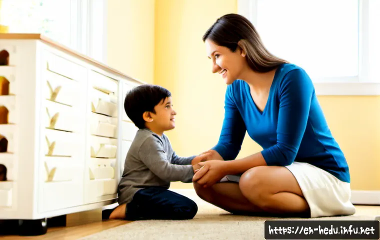 훈육에서 긍정적 언어 사용법 - Photorealistic family home scene, a calm parent kneeling at eye level with a young school-age child ...