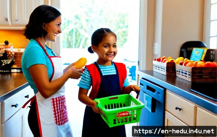Home 17 가정 내 역할 놀이 교육법 - Photorealistic family role-play learning at home, a parent and two elementary-age children in a brig...
